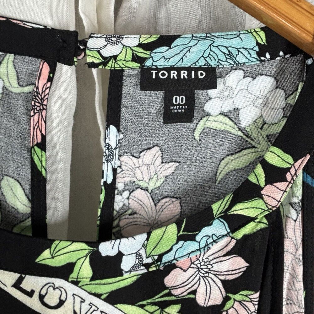 Torrid Floral Dress Midi Black Keyhole Open Back 00/12 Large Sleeveless Rock EUC - Picture 3 of 14